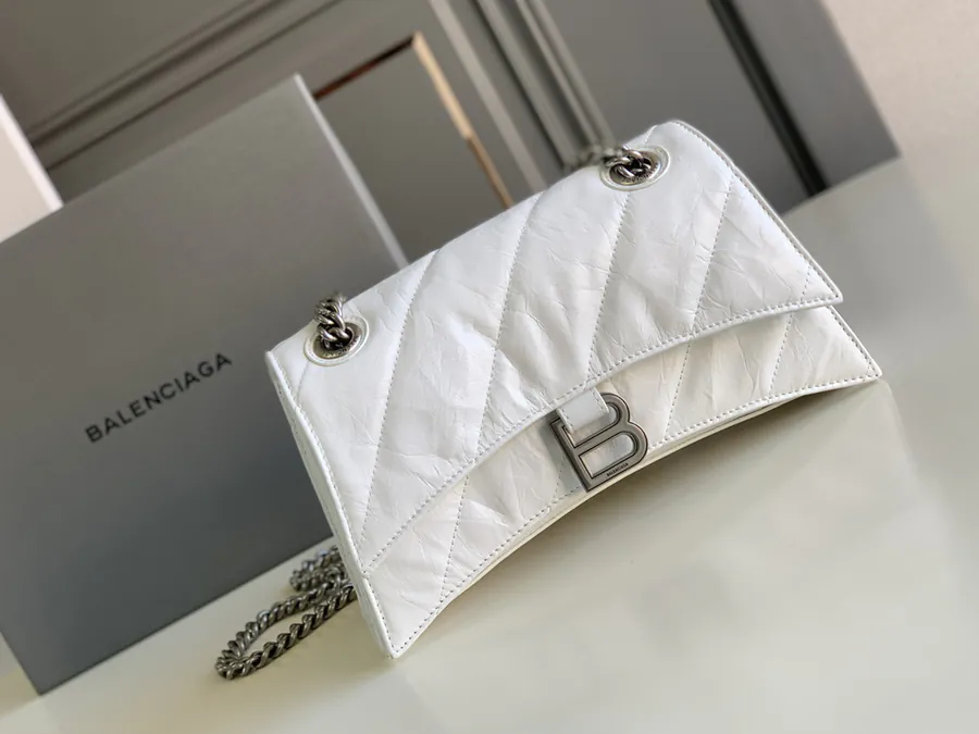 Crush Chain Embroidered Bucket Bag Small, White, Grained Calfskin