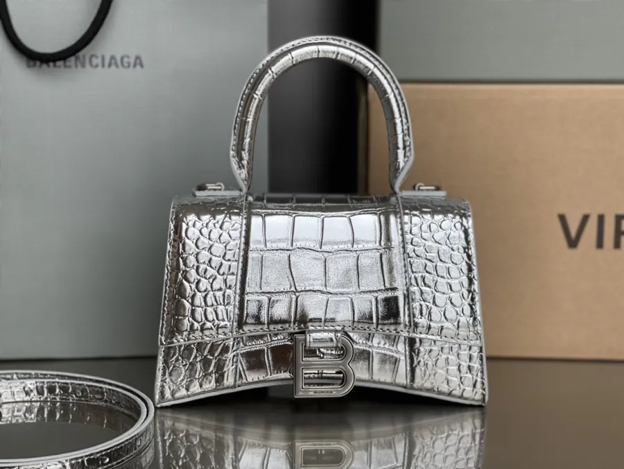 Balestra Hourglass Sandbag in Silver with Crocodile Texture