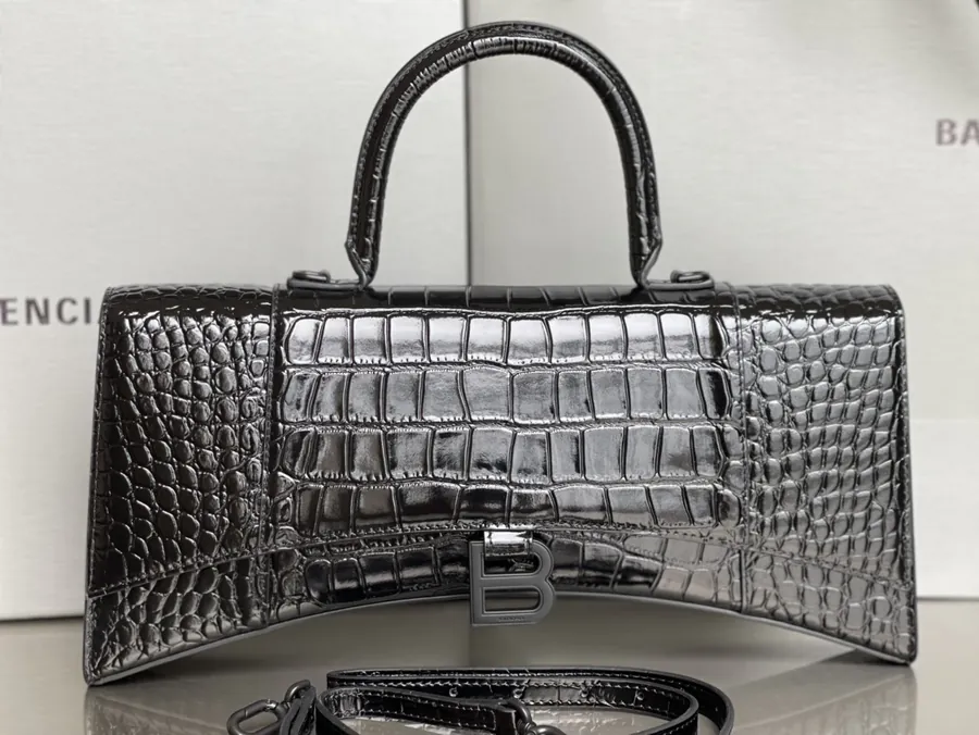 Baleanciağa Hourglass Sand Bag with Crocodile Black and Matte Black Buckle