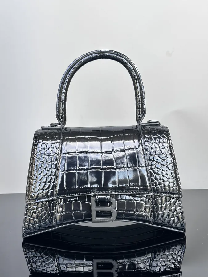 Baleenca* Hourglass Sand Bucket Bag in Black Grained Calfskin
