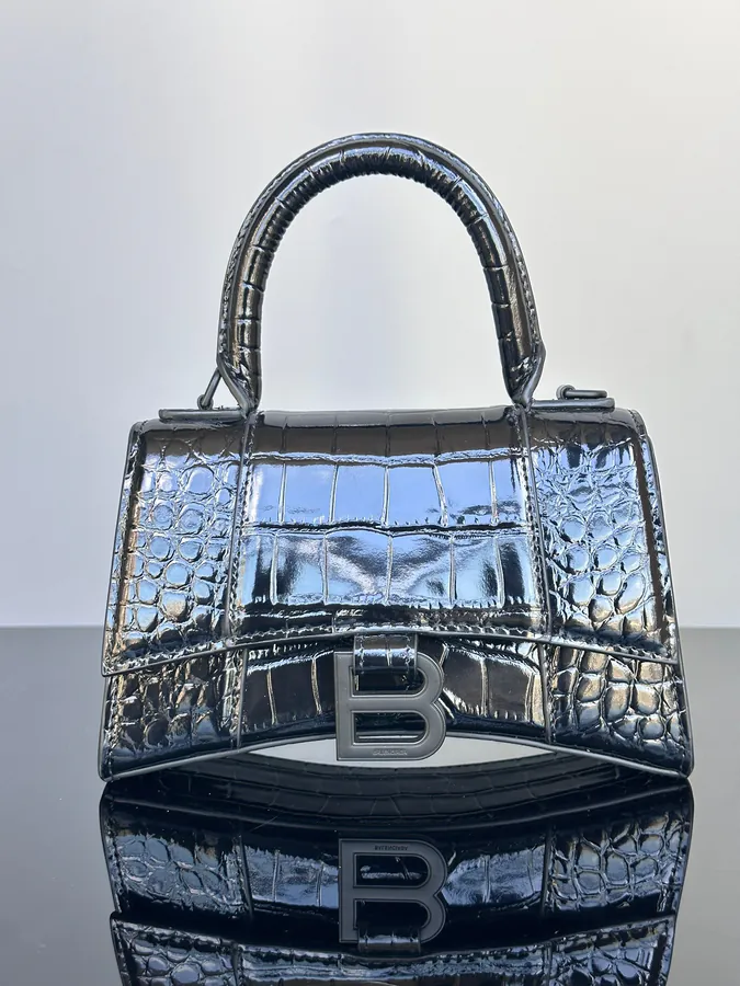 Baleenca* Hourglass Sand Bucket Bag in Black Grained Calfskin