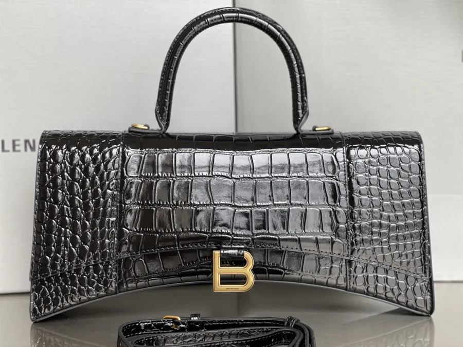 Baleenciaga Hourglass Sand漏 Bag with Crocodile Black and Matte Black Clasp
