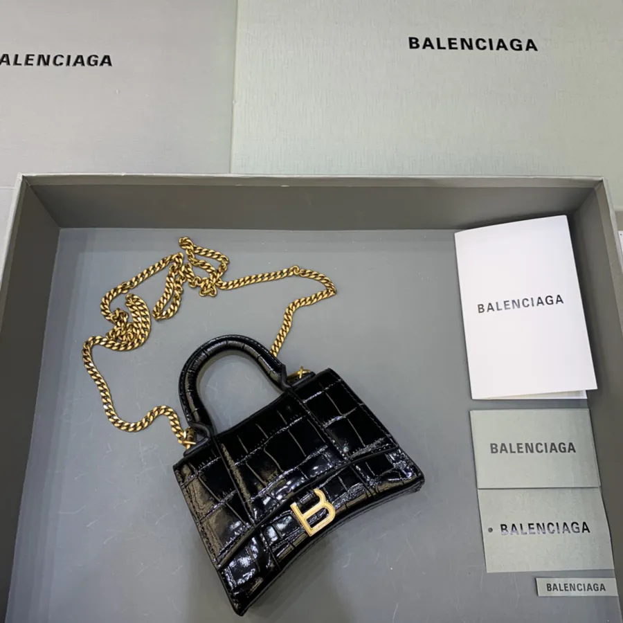 Balenciaga Mini Hourglass Bag with Black Crocodile Skin and Gold Hardware