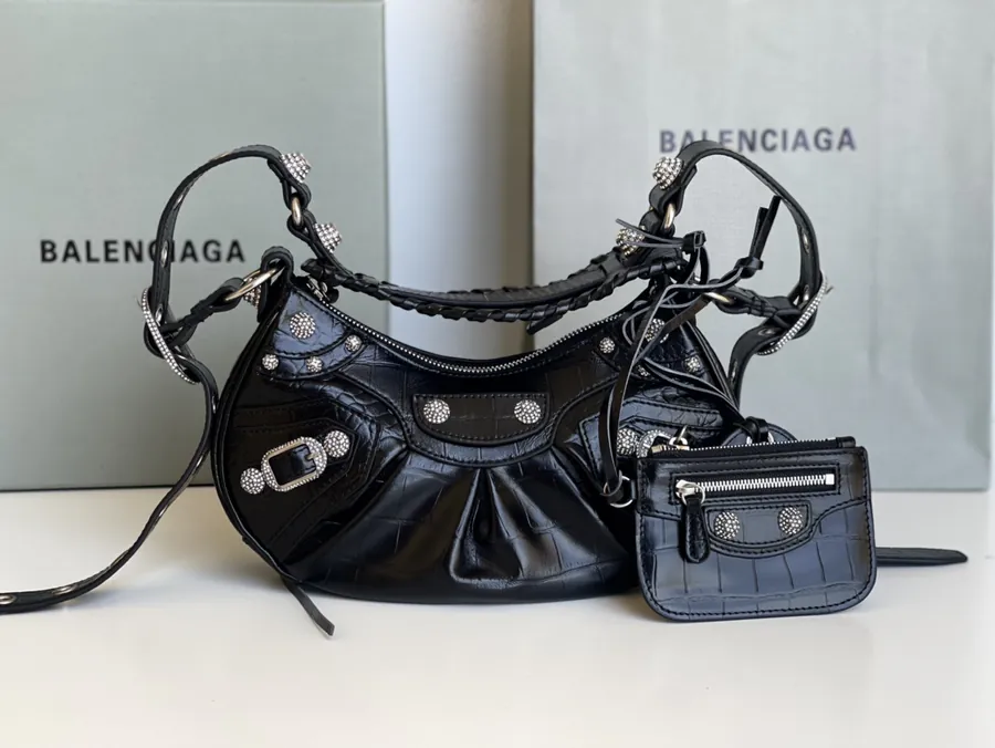 Le Cagole Half Moon Bag with Genuine Crocodile Grain and Sparkle