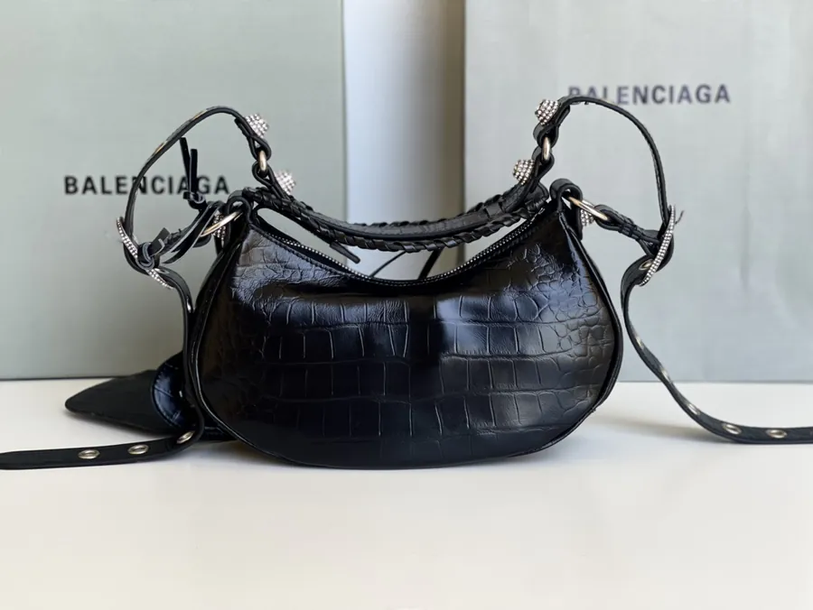 Le Cagole Half Moon Bag with Genuine Crocodile Grain and Sparkle