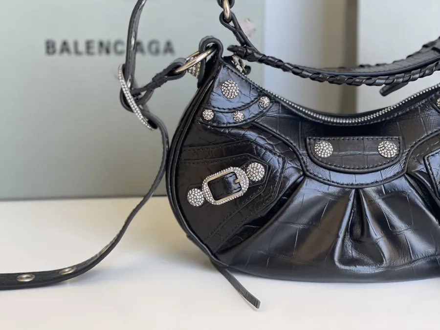 Le Cagole Half Moon Bag with Genuine Crocodile Grain and Sparkle