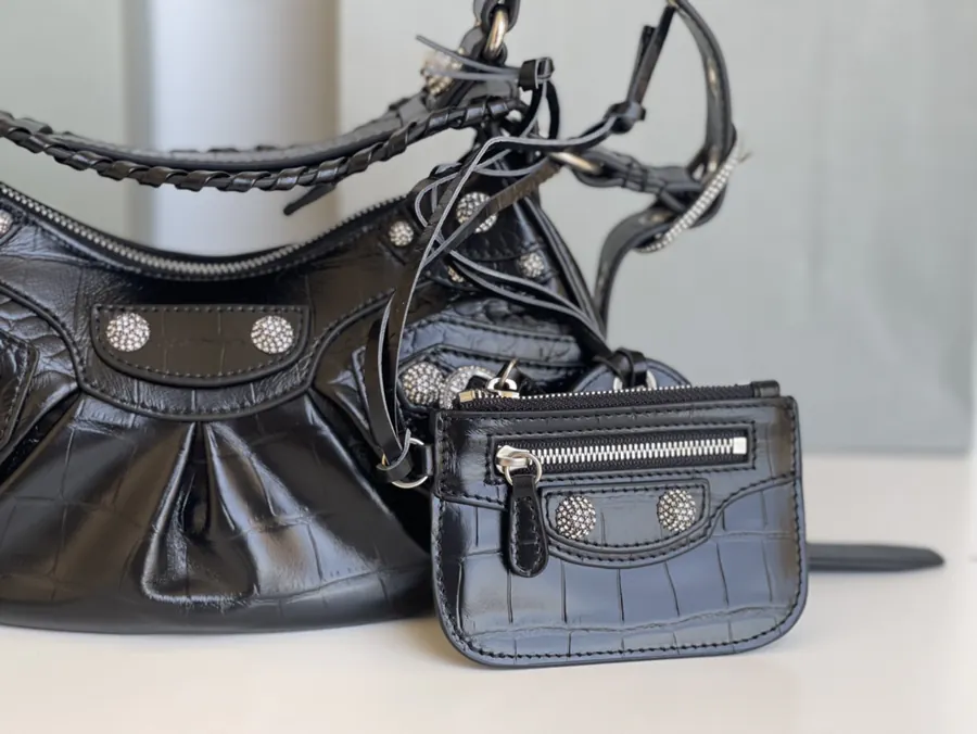 Le Cagole Half Moon Bag with Genuine Crocodile Grain and Sparkle
