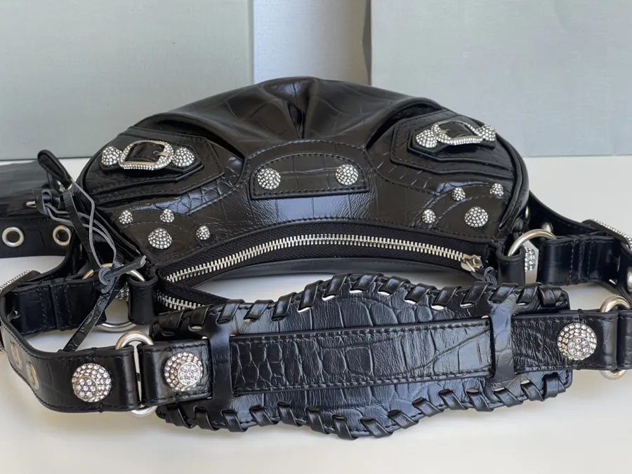 Le Cagole Half Moon Bag with Genuine Crocodile Grain and Sparkle