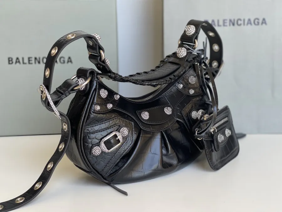 Le Cagole Half Moon Bag with Genuine Crocodile Grain and Sparkle