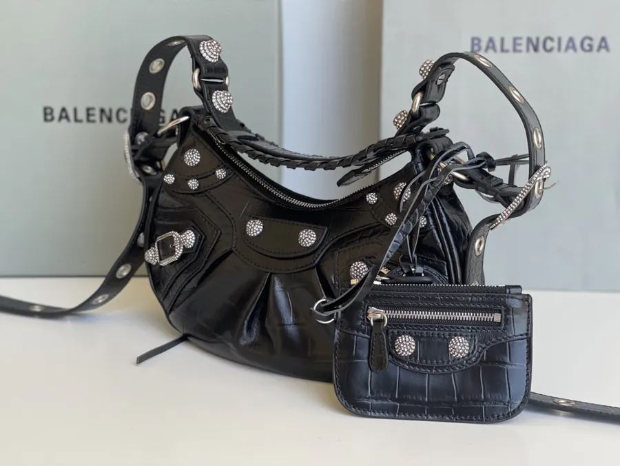 Le Cagole Half Moon Bag with Genuine Crocodile Grain and Sparkle