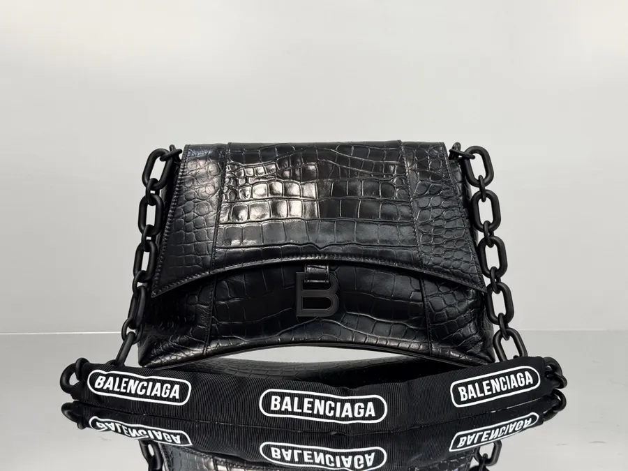 Balenciaga Downtown Chain Shoulder Bag Black with Crocodile Pattern