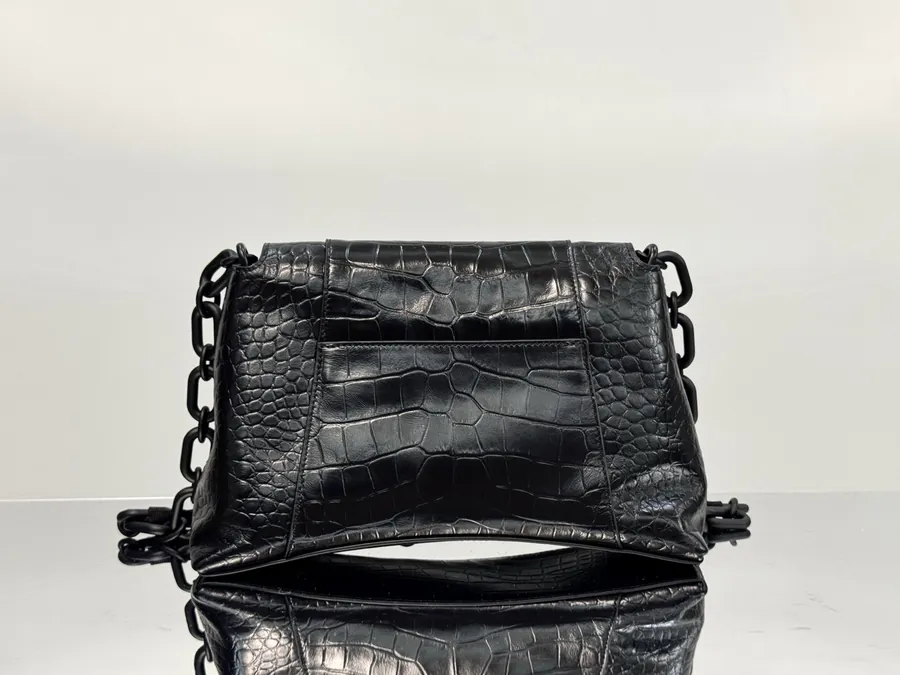 Balenciaga Downtown Chain Shoulder Bag Black with Crocodile Pattern