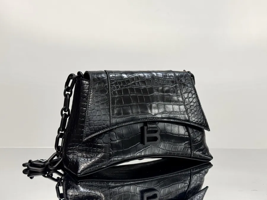Balenciaga Downtown Chain Shoulder Bag Black with Crocodile Pattern