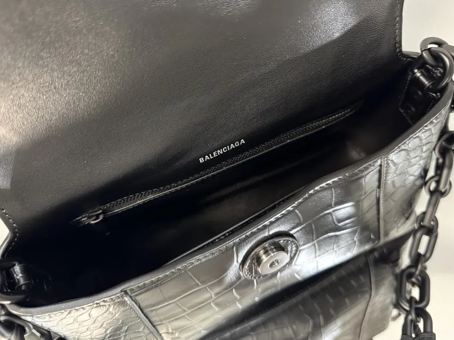 Balenciaga Downtown Chain Shoulder Bag Black with Crocodile Pattern