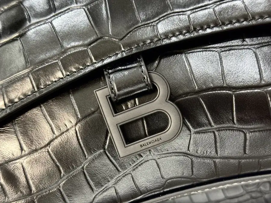 Balenciaga Downtown Chain Shoulder Bag Black with Crocodile Pattern
