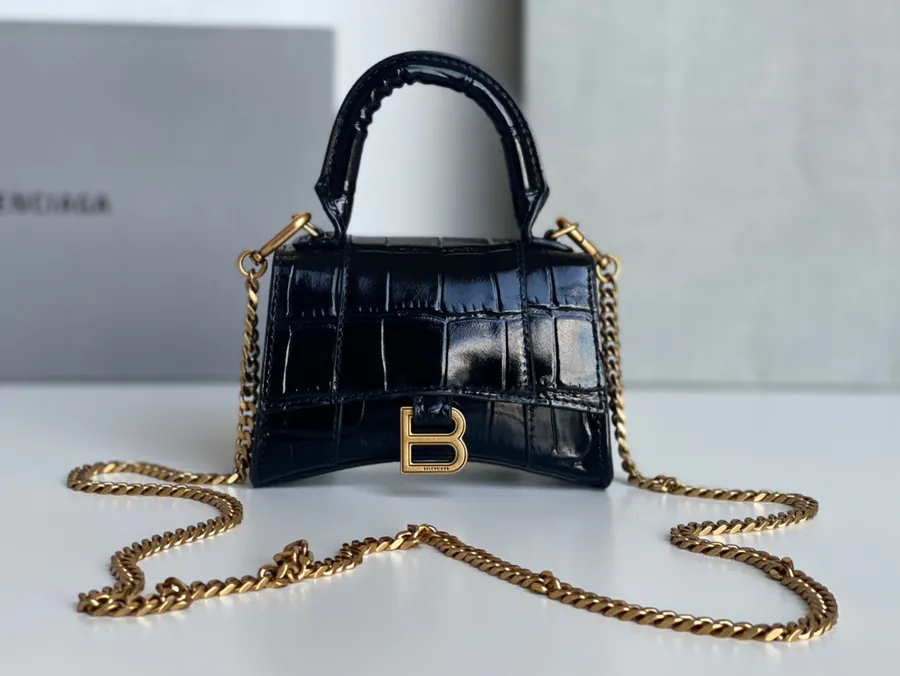 Balenciaga Sand漏 Bag | Black Crocodile Skin with Gold Hardware