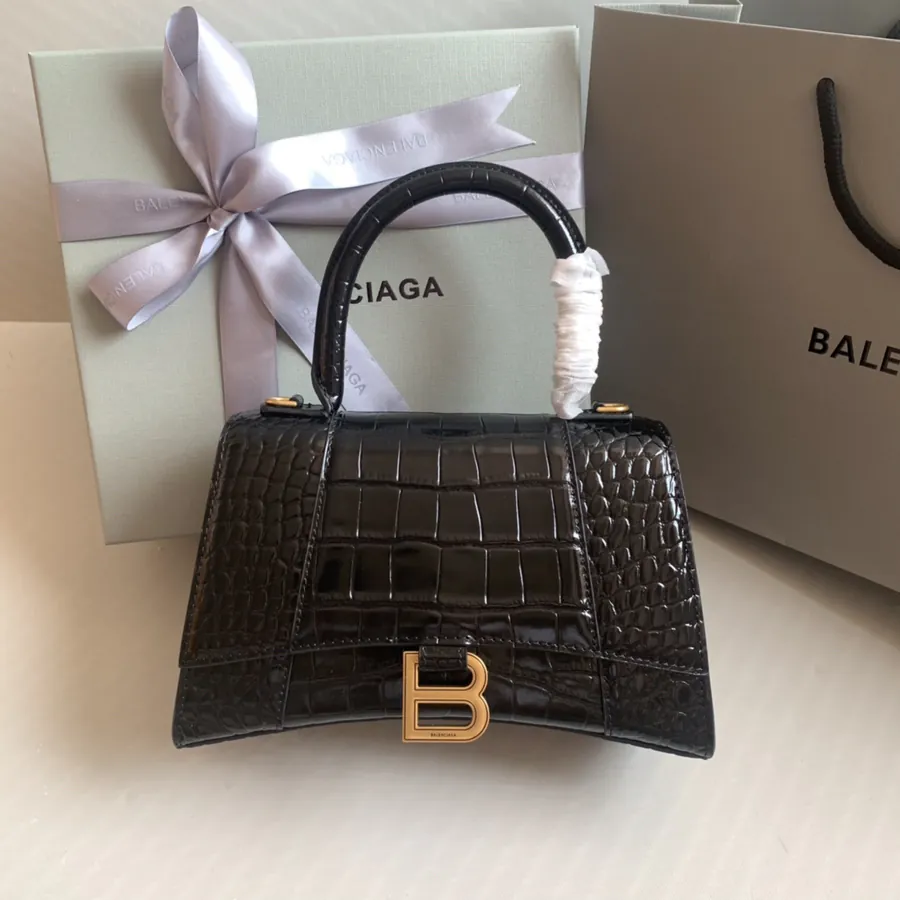 Lenciag Paris Hourglass Handbag Black with Gold Trim