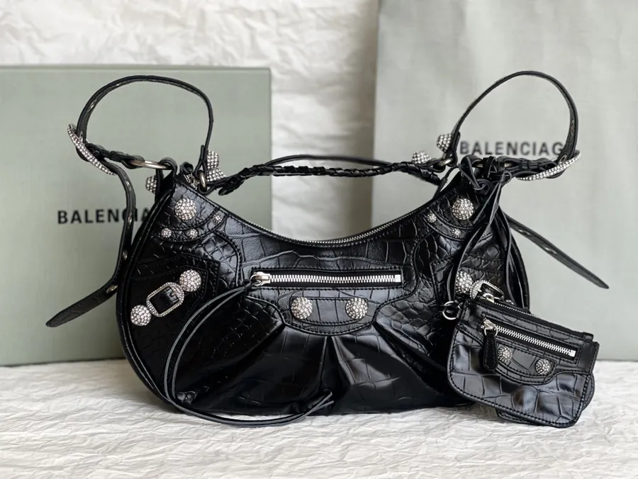Le Cagole Half Moon Bag with Alligator Grain and Rhinestone Trim