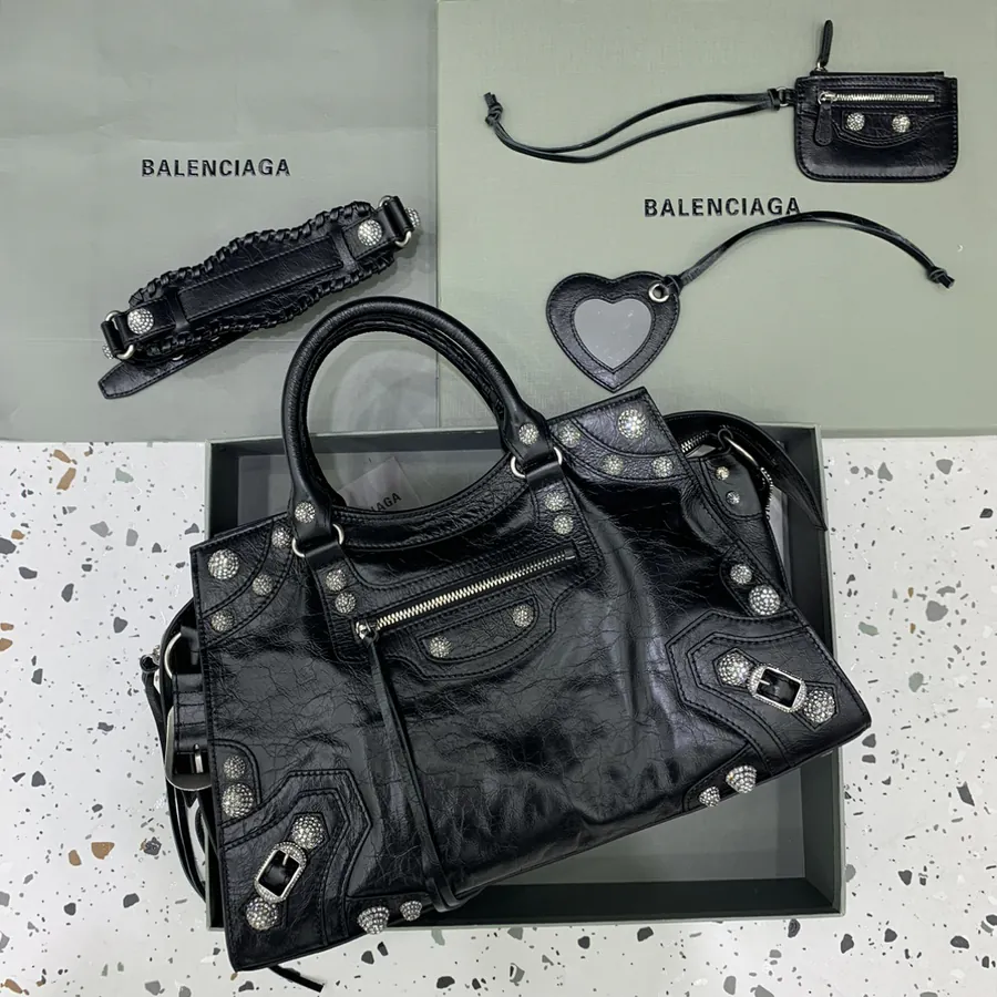 Balenciaga Paris Neo Cagole Motorcycle Bag Black with Diamond Clasp