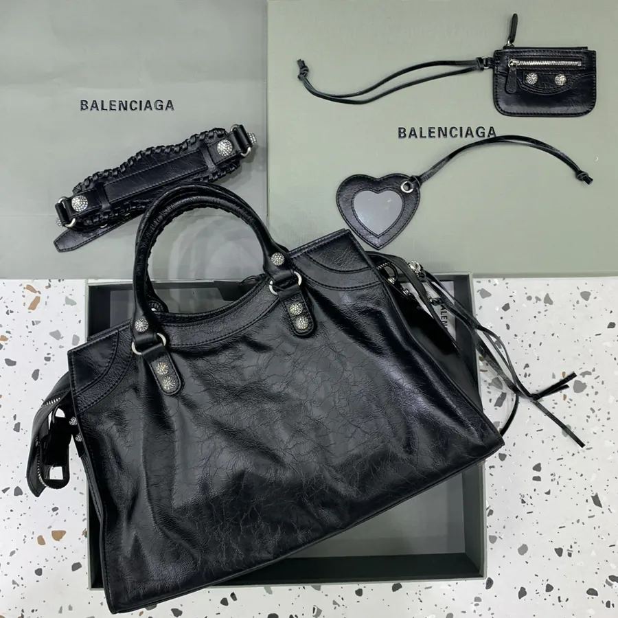 Balenciaga Paris Neo Cagole Motorcycle Bag Black with Diamond Clasp
