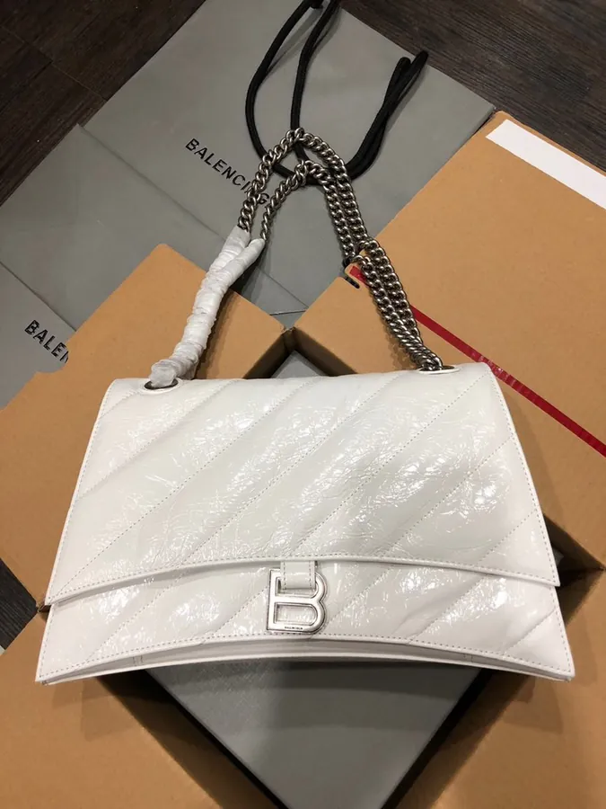 BaleNCIAG Crush Sand漏 Chain Bag White with Silver Clasp