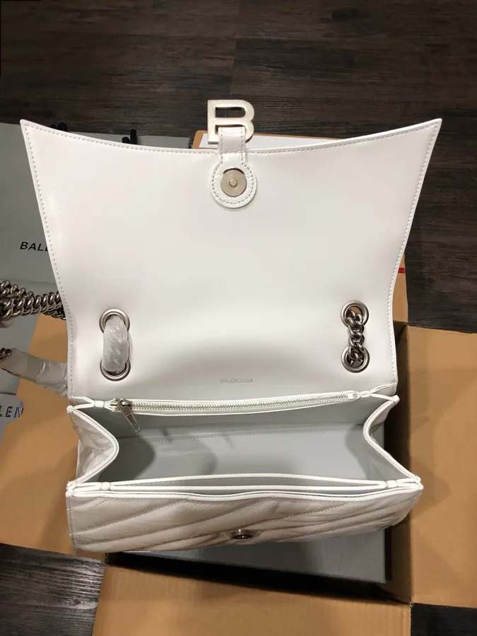 BaleNCIAG Crush Sand漏 Chain Bag White with Silver Buckles