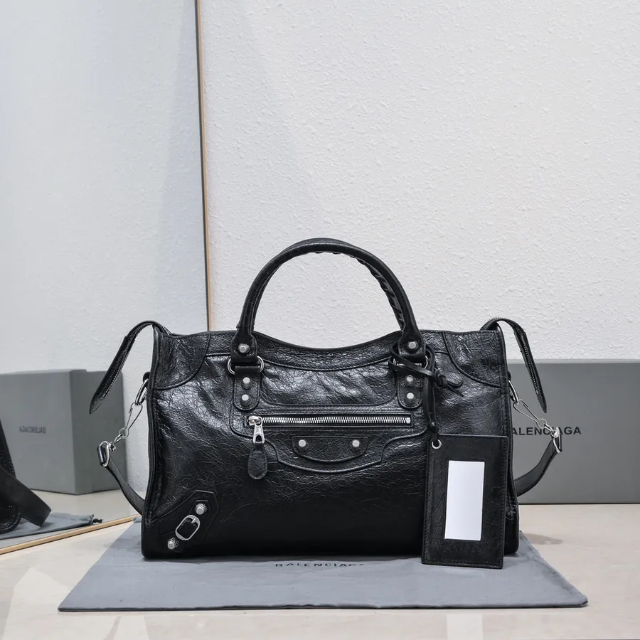 Bajia Classic Motorcycle Bag in Black Grained Calfskin