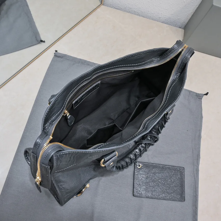Bajia Classic Motorcycle Bag Grained Calfskin 38 cm Deep Gray