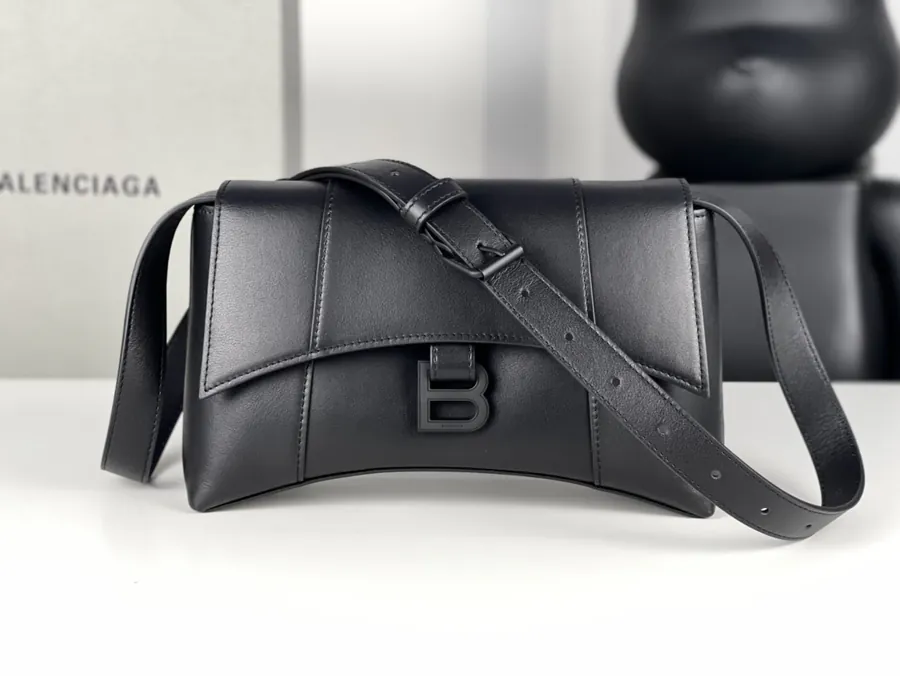 Baleenciaga Hourglass Sandbag Black Buckle, Smooth Grained Calfskin