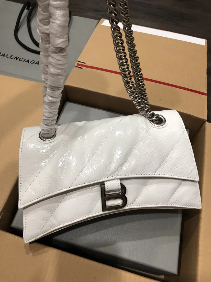 Baleenciaga Crush Mini White Silver Buckle Chain Bag