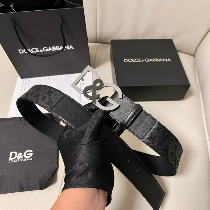 Dolce&Gabbana Embossed Calfskin Belt with Dual tone Logo Buckle