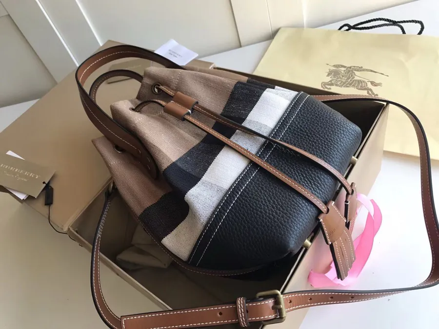 B Family Canvas Check Bucket Bag with Leather Tassels