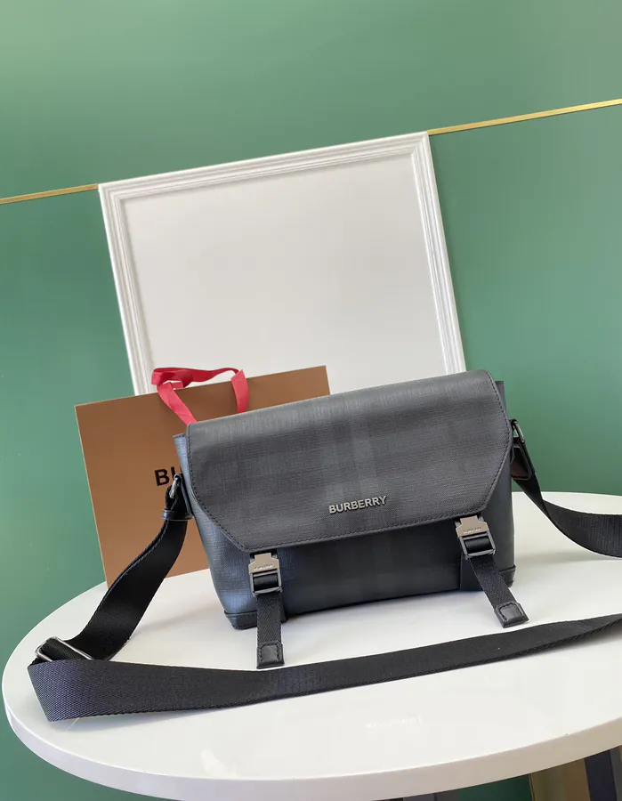 B Brand New Messenger Bag with Charcoal Gray Pattern and Logo Details