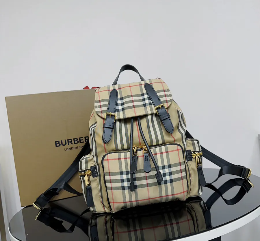 B Military Style Backpack Vintage Plaid Fabric with Leather Trim