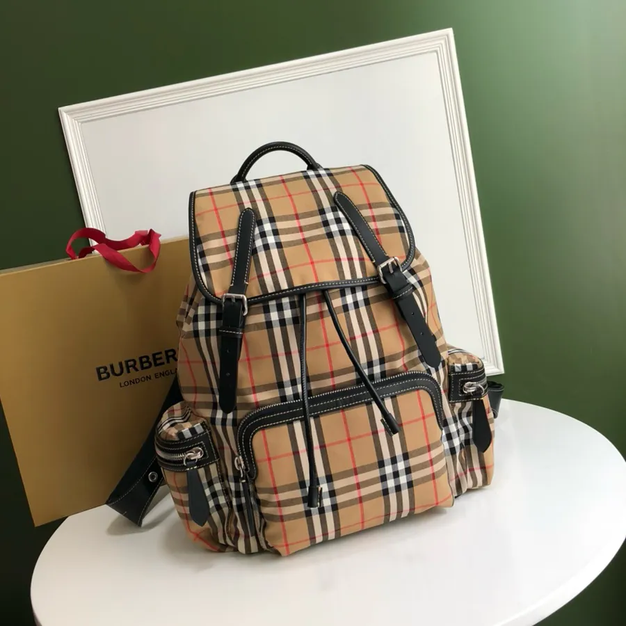 B Family Vintage Check Backpack Men's Large Grained Canvas Double Shoulder Bag