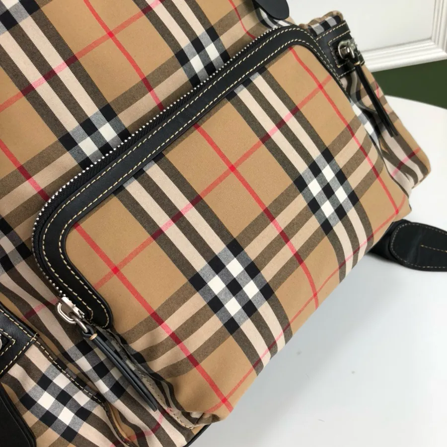 B Family Vintage Check Backpack Men's Large Grained Canvas Double Shoulder Bag