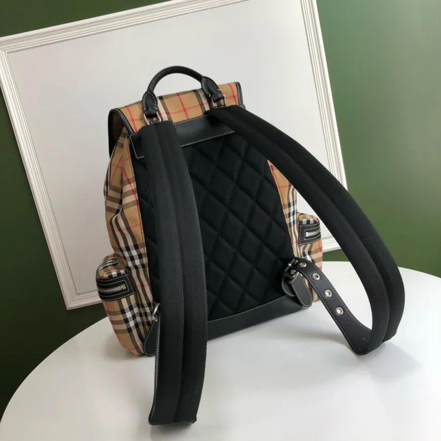 B Family Vintage Check Backpack Men's Large Grained Canvas Double Shoulder Bag