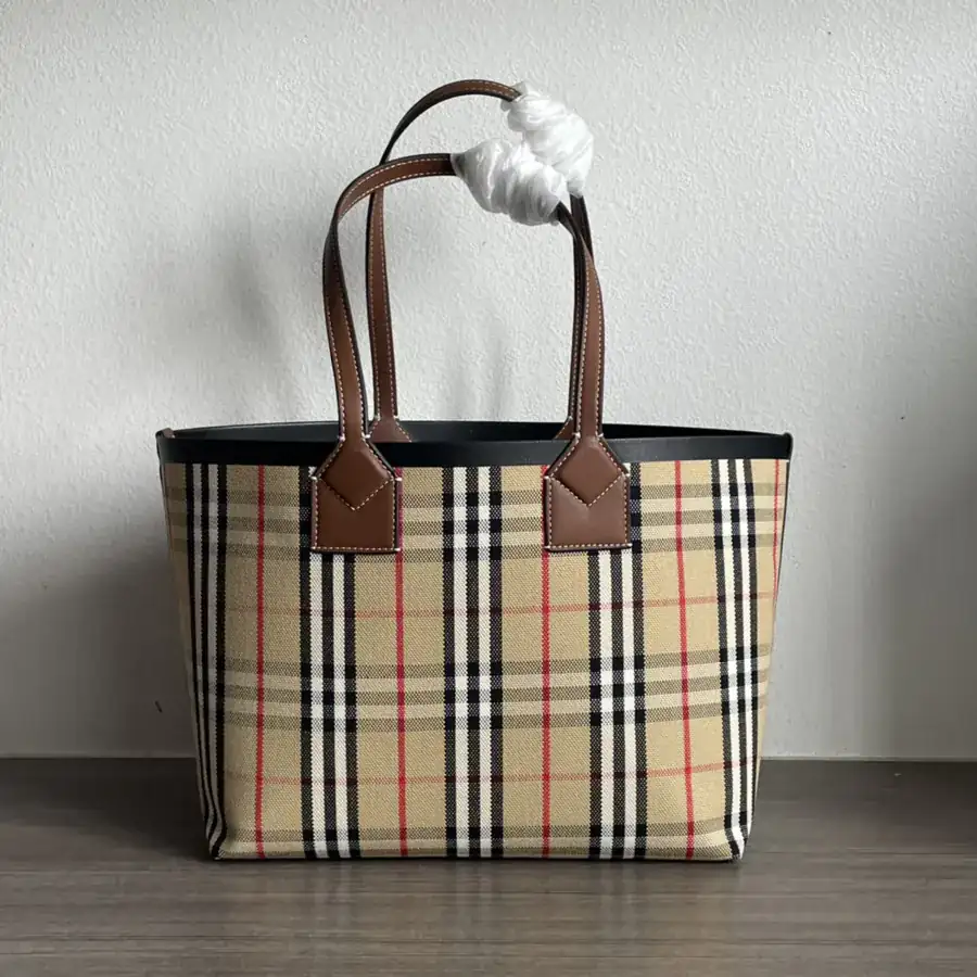Burberry Small Checkered Canvas Tote with Leather Handles
