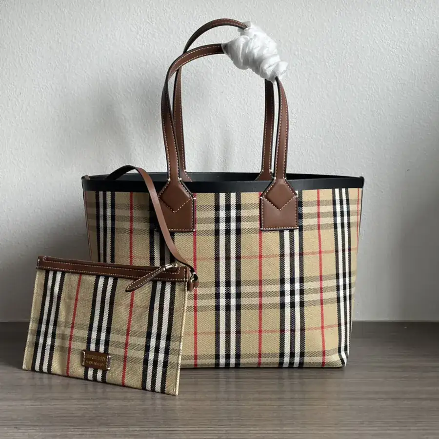 Burberry Small Checkered Canvas Tote with Leather Handles