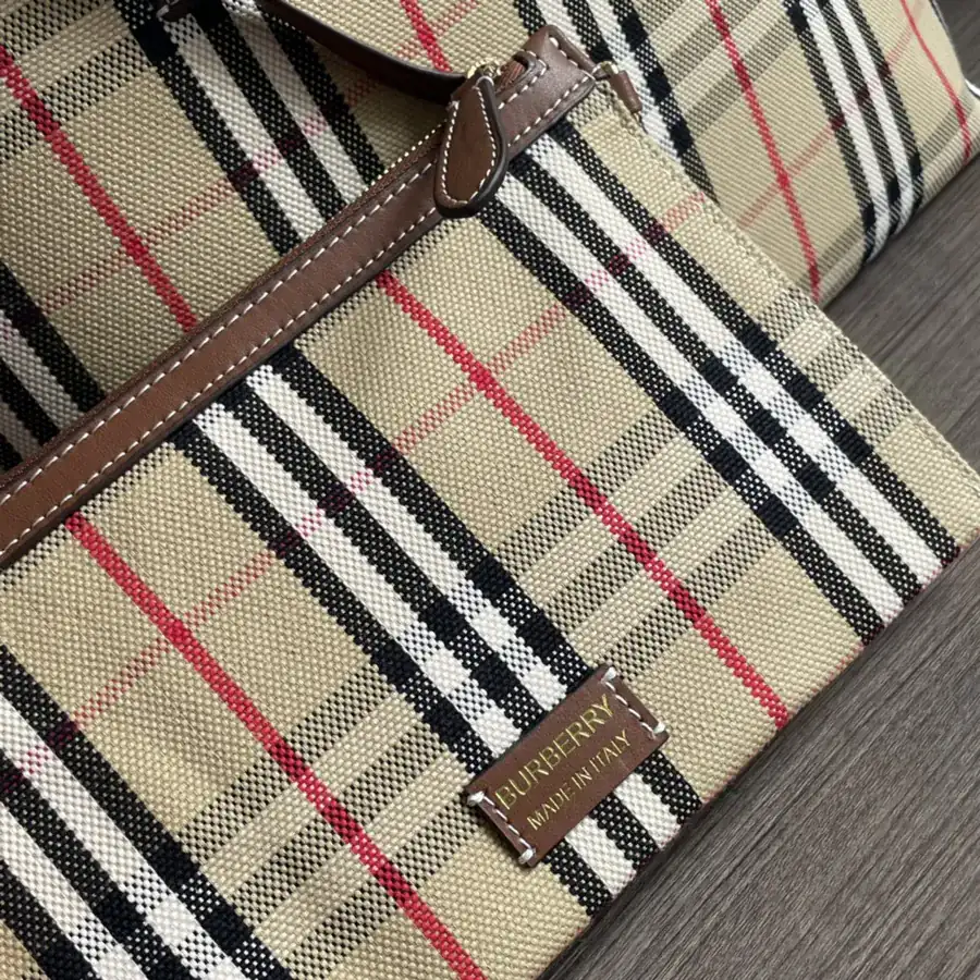 Burberry Small Checkered Canvas Tote with Leather Handles