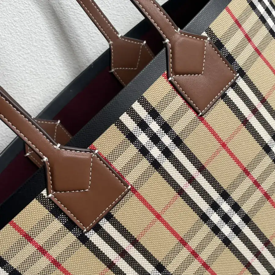 Burberry Small Checkered Canvas Tote with Leather Handles