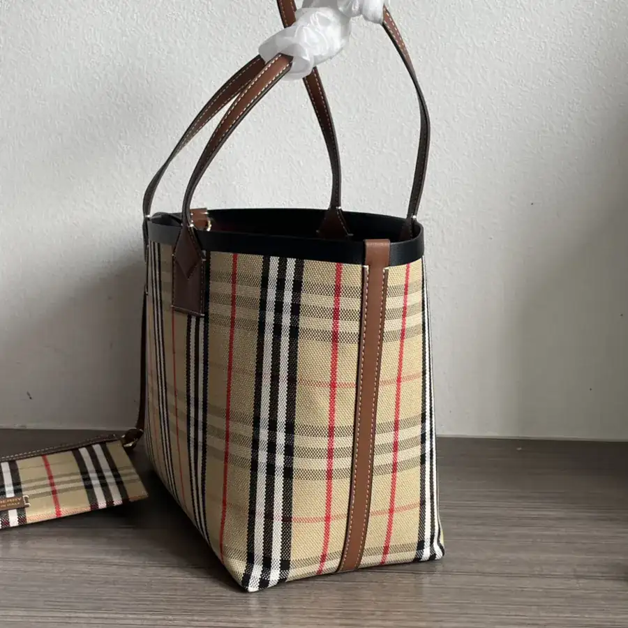 Burberry Small Checkered Canvas Tote with Leather Handles