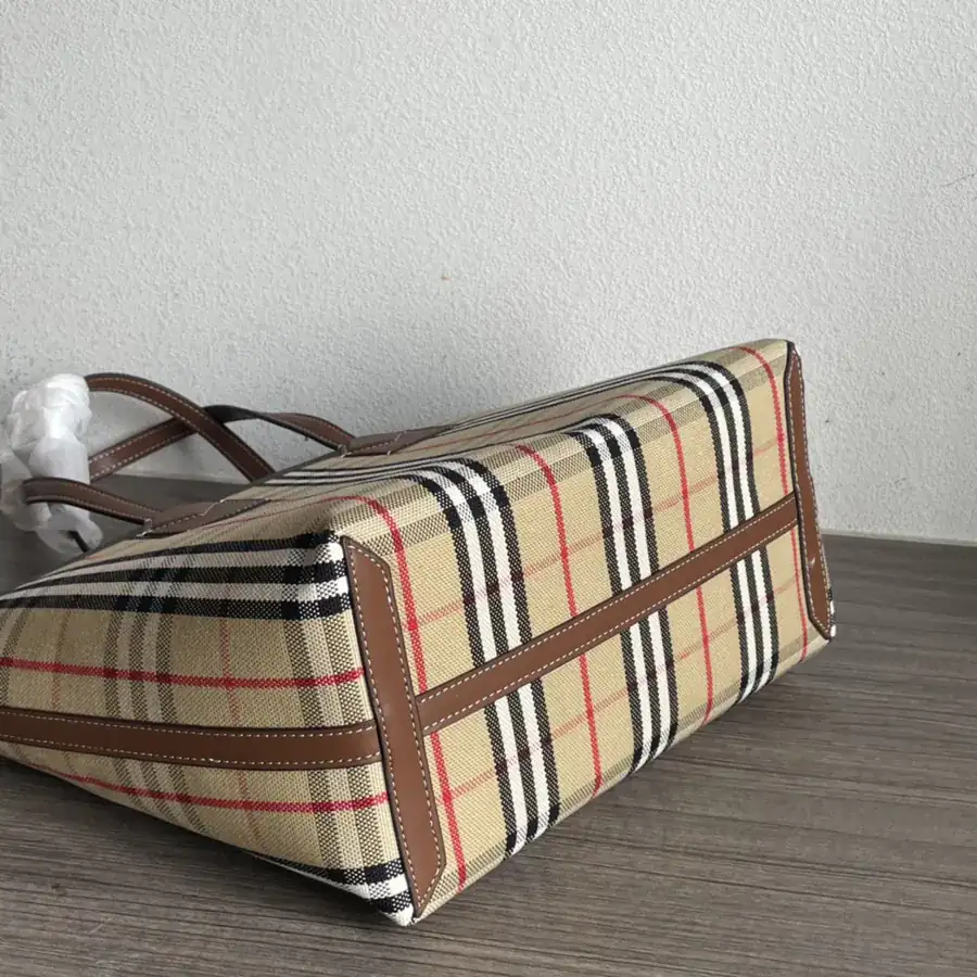 Burberry Small Checkered Canvas Tote with Leather Handles
