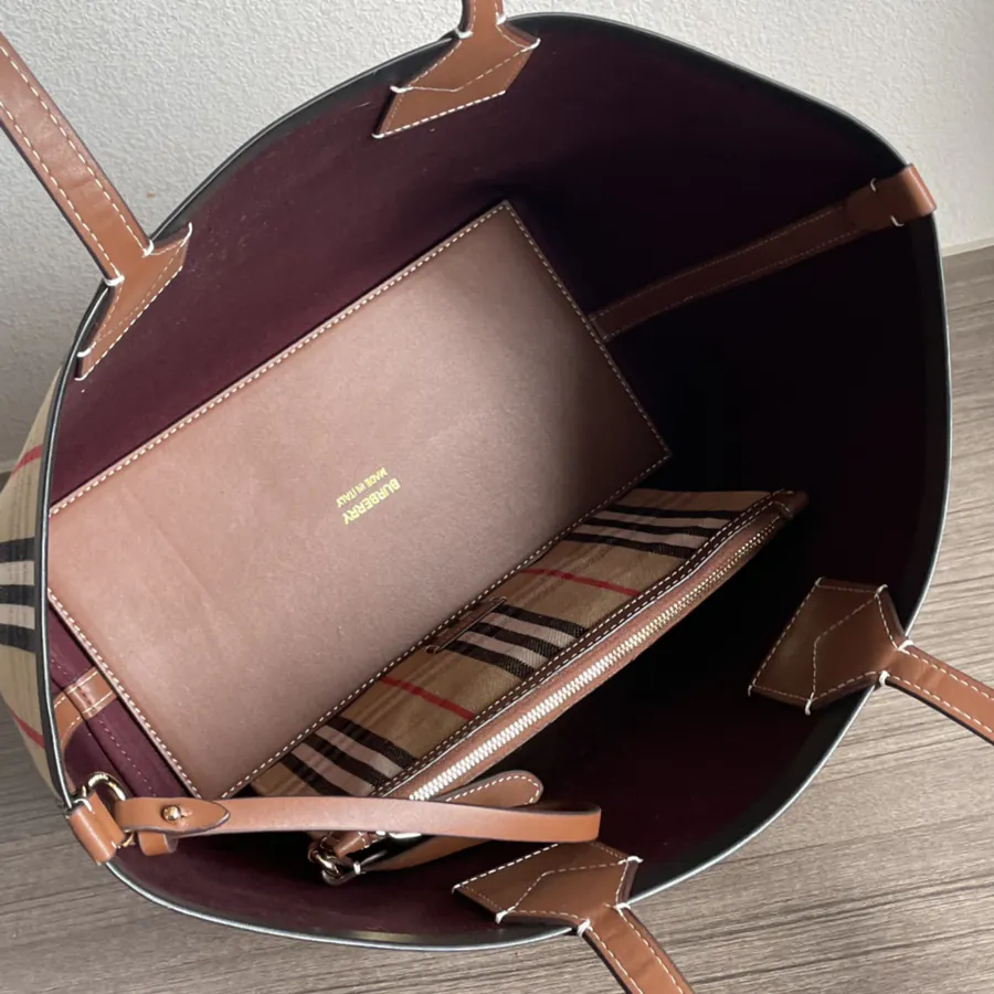 Burberry Small Checkered Canvas Tote with Leather Handles