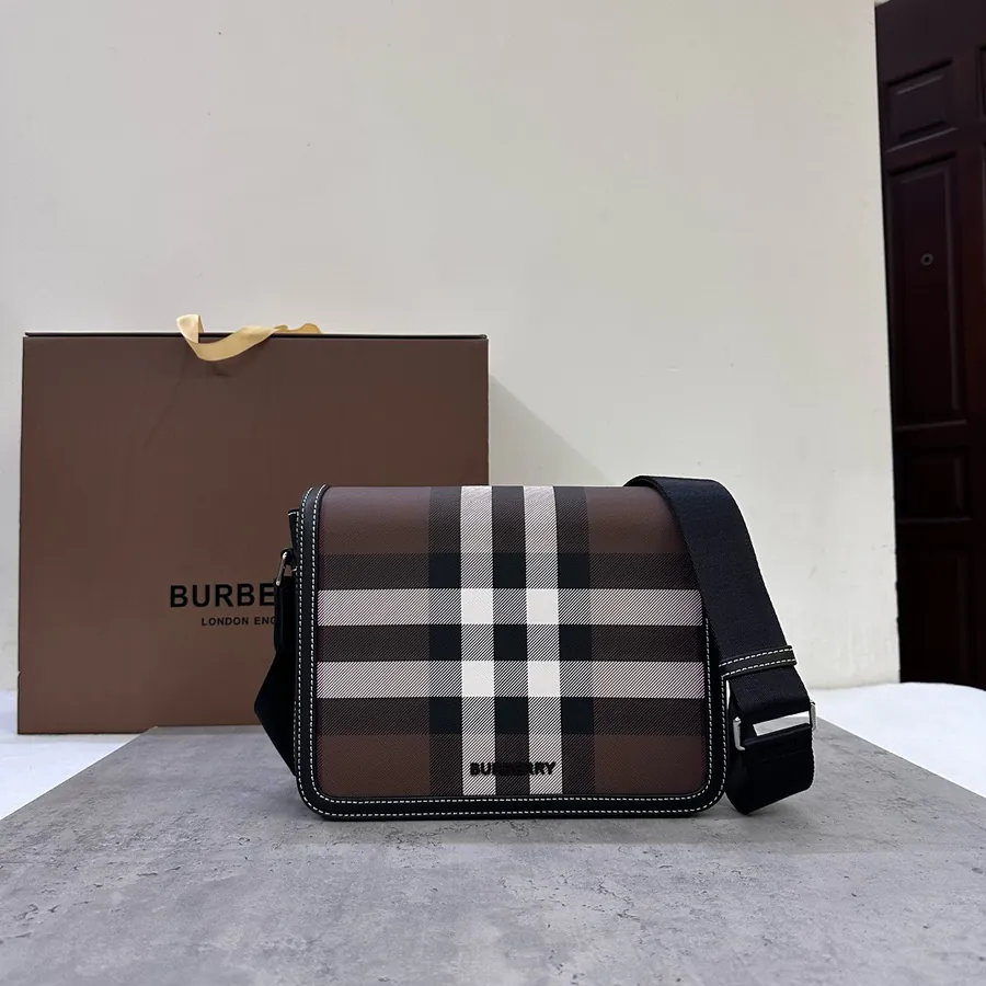Burberry Messenger Bag with Grained Calfskin and Tartan Trim