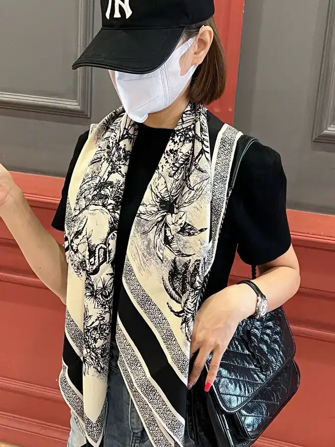 Voyage Ruffo Embroidered Scarf with Grained Calfskin Trim