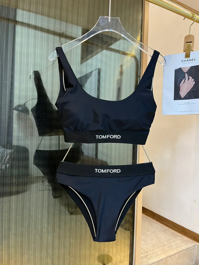 TOMFORD Vintage Style Embroidered Logo Crop Top with Triangle Pant Set, Black