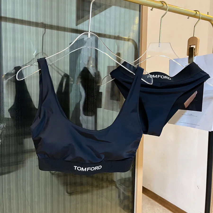 TOMFORD Vintage Style Embroidered Logo Crop Top with Triangle Pant Set, Black