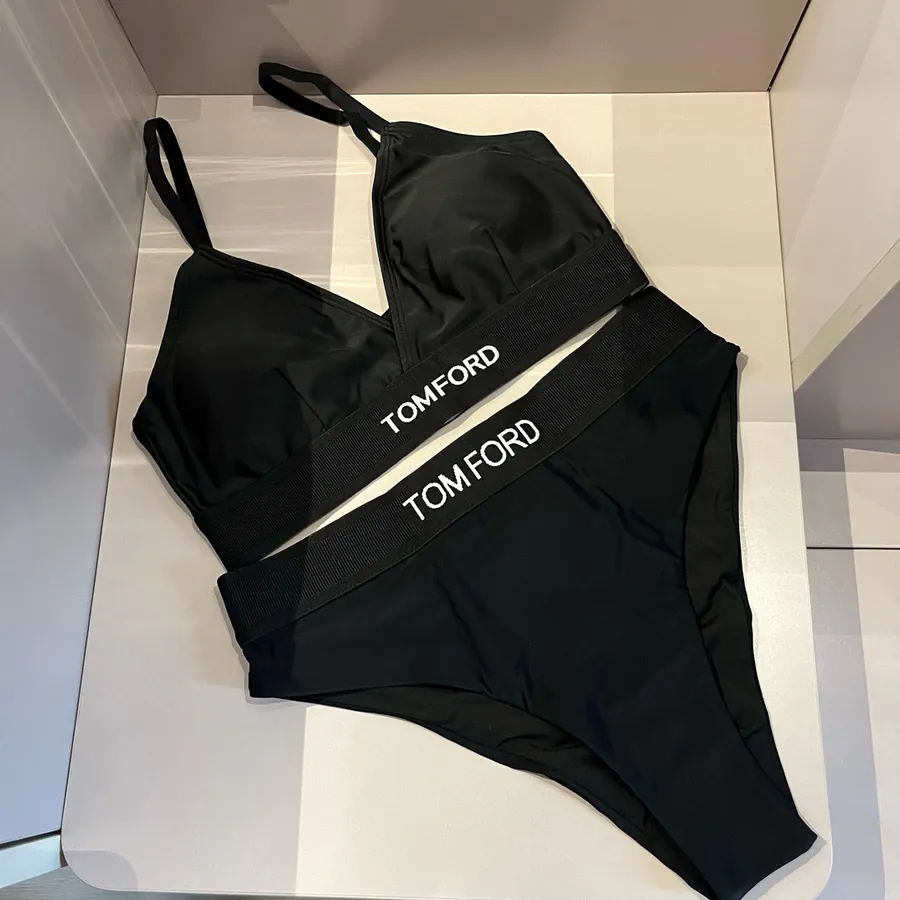 TOMFORD New Bikini Set Small Logo Print Strapless Top with Triangle Panty Set, Black