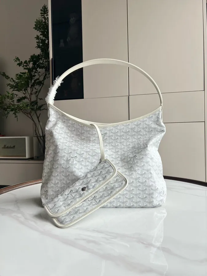 Goyard Hobo Shopping Bag with Grained Calfskin and Matching Patterned Canvas